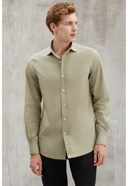 Памучна риза с дълги ръкави - Шам фъстък зелено