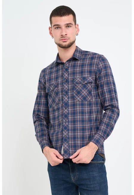 Памучна риза с джобове на гърдите - Бледооранжев/Мръснобял/Тъмносин