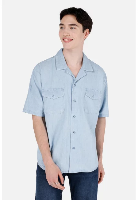 Памучна риза с къси ръкави - Пастелносин