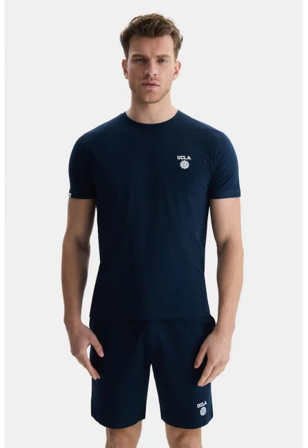 Памучна тениска с овално деколте - Тъмносин