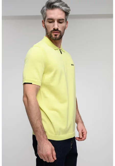 Плетена тениска с яка и къс цип - Лайм зелено