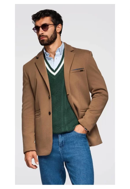 Плетено сако с вталена кройка  OM-BLZB-0100 - Светлокафяво