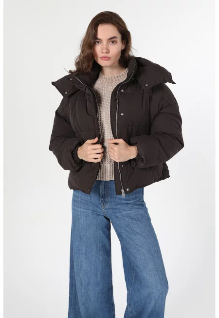 Подплатено зимно яке с ревери - Тъмнокафяв