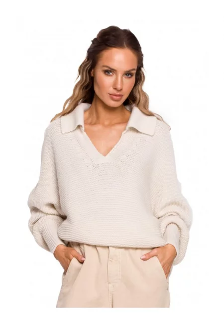 Пуловер  V-образно деколте - акрил - найлон - бежов