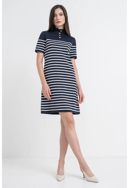 Раирана рокля с яка с органичен памук - Бял/Тъмносин