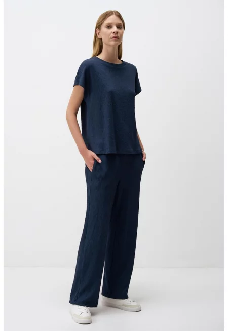 Релефен панталон с широк крачол - Тъмносин