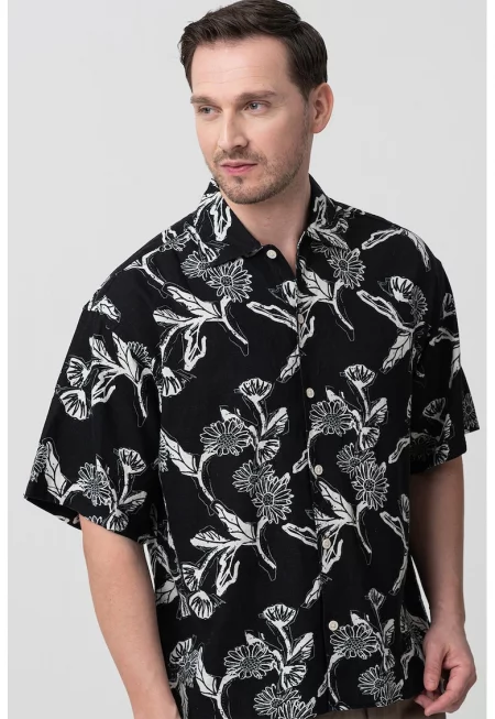 Риза с лен и къси ръкави - Слонова кост/Избеляло черно