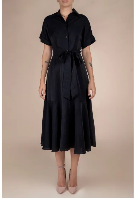 Rochie-camasa midi cu volane si cordon in talie