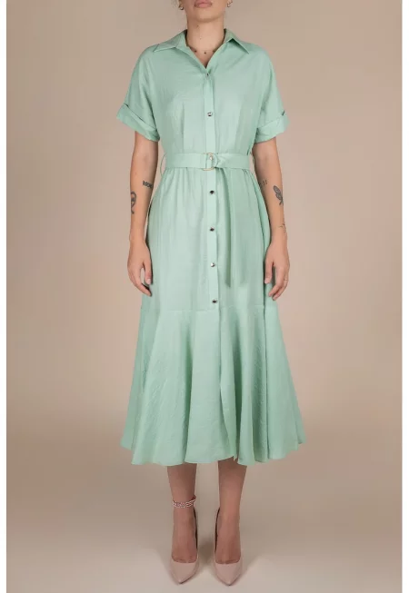 Rochie-camasa midi cu volane si cordon in talie