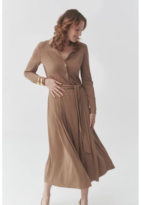 Рокля-риза с връзка на талията - Кафяв