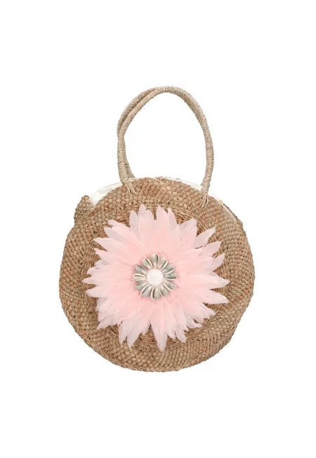 Сламена ръчна чанта с пера - Розово