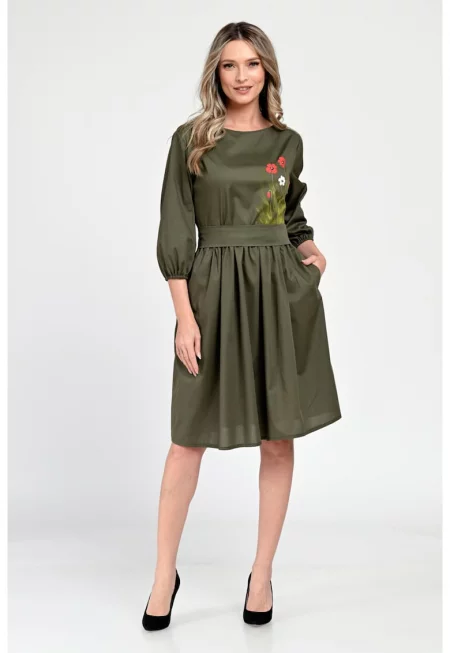 Средна дамска рокля V310 - Ръчно рисувана - Каки с флорален модел