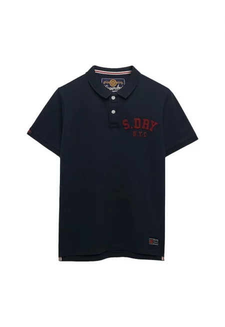 SUPERDRY - Тениска с яка и принт - Тъмносин