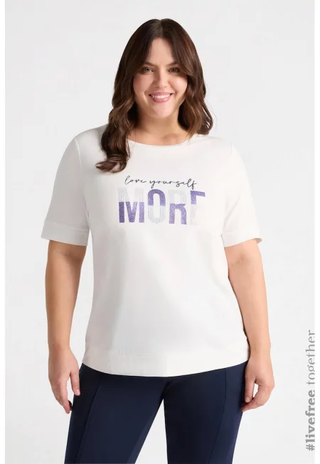 Тениска с декоративни камъни и бляскав надпис - Бял