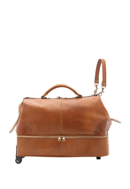 Унисекс кожена пътна чанта с колелца - Карамел