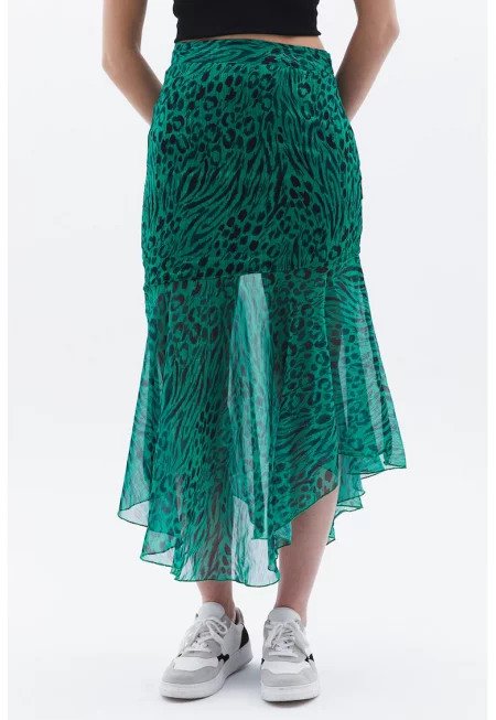 Асиметрична миди пола с животинска шарка - Зелен