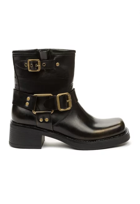 Боти от еко кожа с квадратен връх - Черен/Бронз