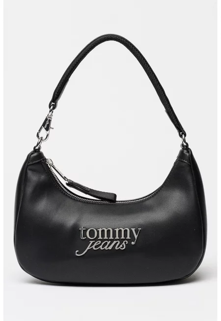 Чанта през рамо от еко кожа с метално лого - Черен