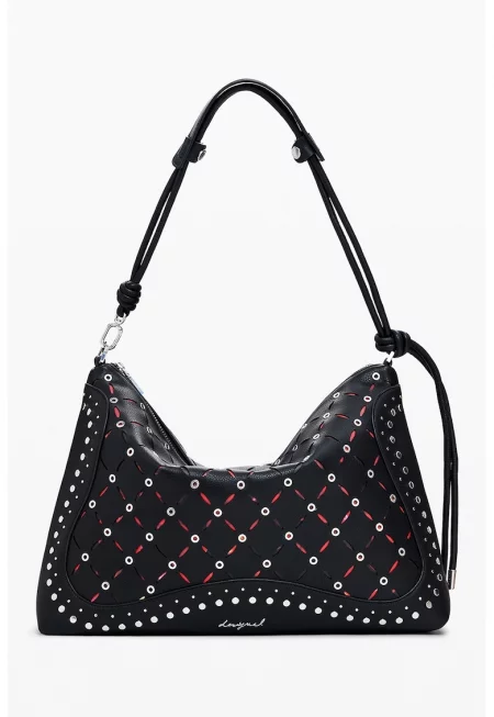 Чанта за рамо от еко кожа с метални илици - Черен