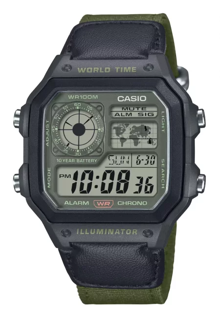 Часовник  мъжки AE-1200WHUB-3AVEF - цифров - зелен каишка - водоустойчив до 100м