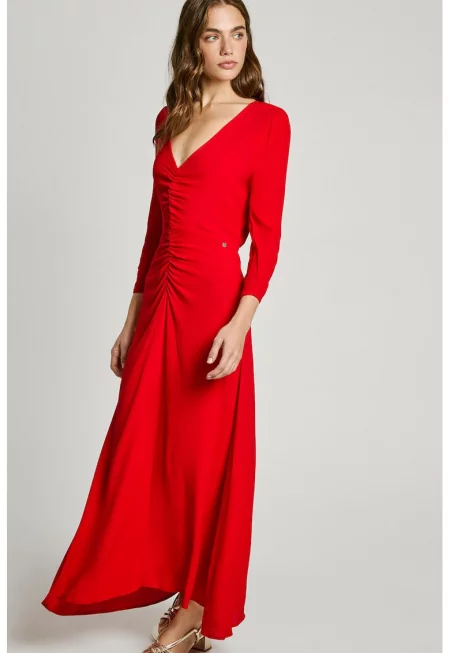 Дълга разкроена рокля с 3/4 ръкави - Аленочервен