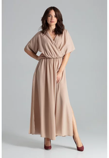 Дълга рокля  L055 - елегантна - с ластик на талията - бежова - 100% полиестер