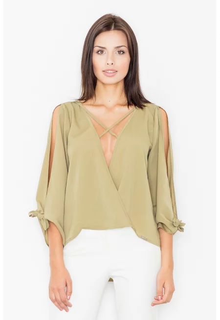 Дамска блуза -  Изрязани ръкави - Полиестер/Еластан/Вискоза - Маслиненозелено -