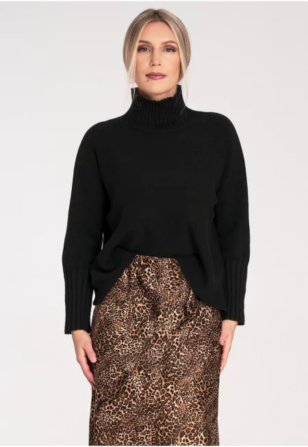 Дамски пуловер -  елегантен - с яка - черен - плетен плат - SM