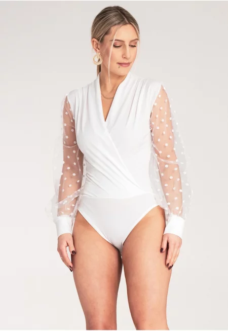 Дамско елегантно боди -  Полиестер/Еластан - Бял - SM