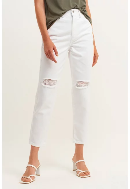 Дънки със захабени зони - Бял