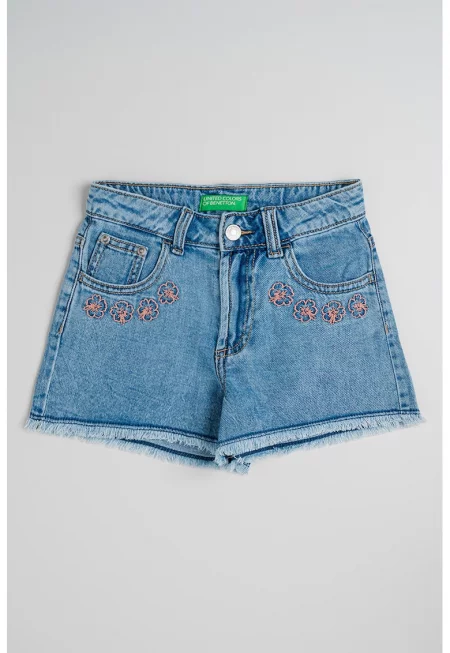 Дънков къс панталон с флорални бродерии - Розова сьомга/Син