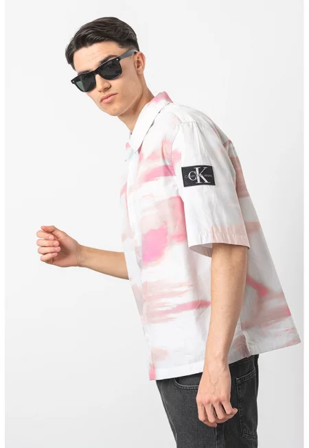 Десенирана риза с класическа яка - Бял/Яркорозово/Розово