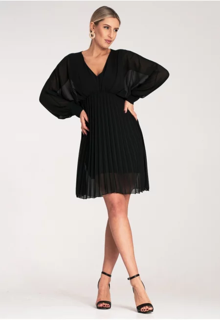 Елегантна рокля  шифон - черна - дълъг ръкав - полиестер - SM