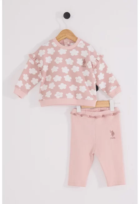Флорален суитшърт и панталон - 2 части - Бял/Розова сьомга