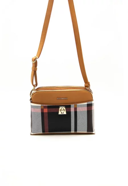 Карирана чанта от еко кожа - Черен/Светлокафяв