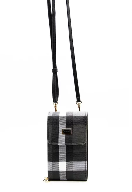 Карирана чанта през рамо - за телефон - Бяла - Черна - 18 x 10 x 3 CM