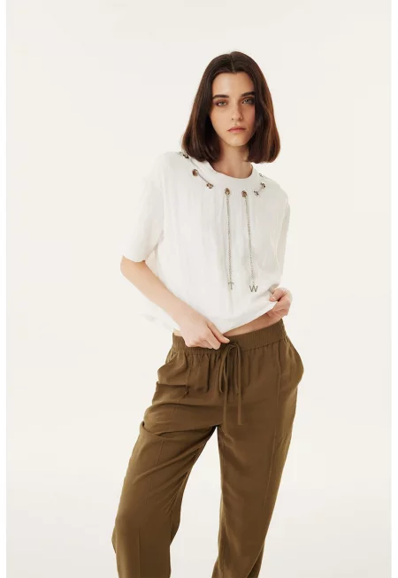 Къса блуза с метални отвори - Бял