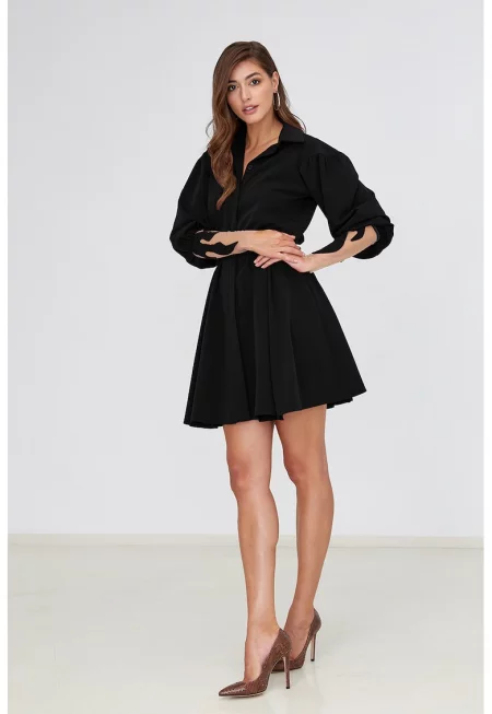 Къса разкроена рокля с бухнали ръкави - Черен