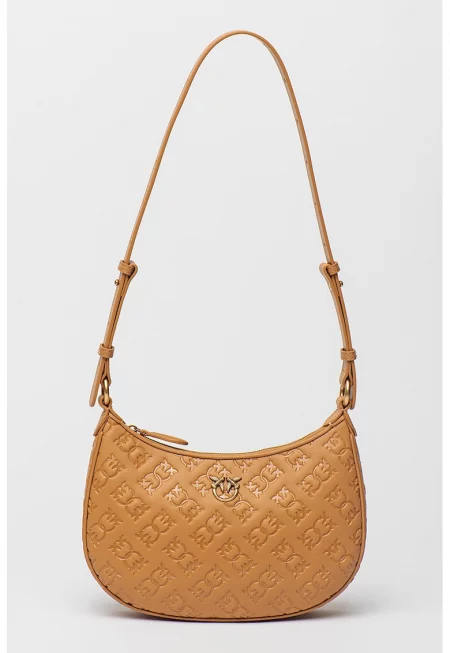 Кожена чанта през рамо с принт - Карамел