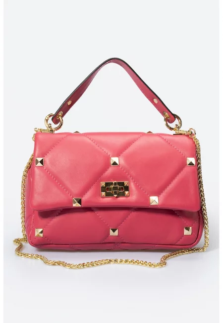 Кожена чанта през рамо с райета - Яркорозово - 18x26x8