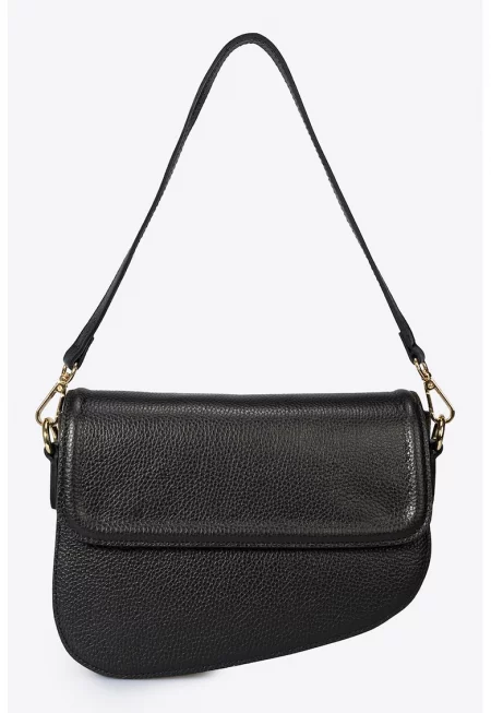 Кожена чанта за рамо с отделяща се презрамка - Черен
