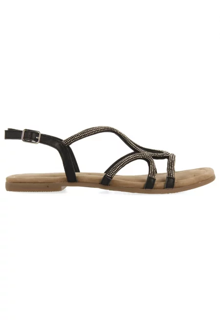 Кожени равни сандали с декоративни камъни - Черен
