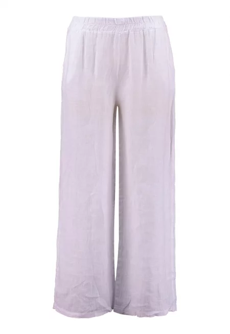 Ленен панталон с еластична талия - Бял