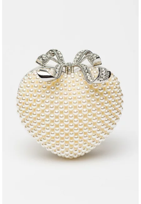 Малка кожена чантичка Pearl Heart - Слонова кост/Прозрачен