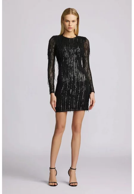 Мини рокля с дълъг ръкав - ресни и пайети - Черен