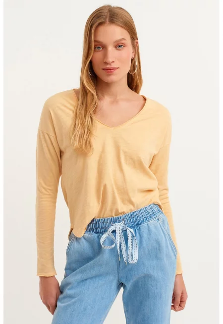 Памучна блуза Flanewzun с овален подгъв