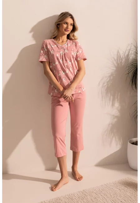 Памучна пижама Malena с флорален принт - Бял/Розово
