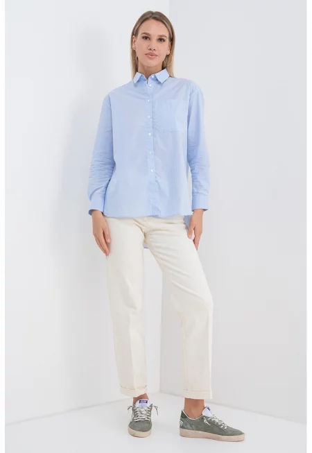 Памучна риза с джоб на гърдите - Бял/Светлосин