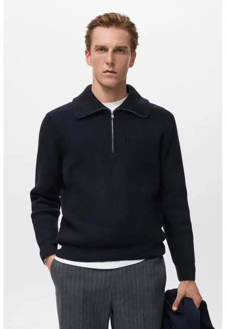 Плетен пуловер с вълна с цип - Ултрамарин синьо