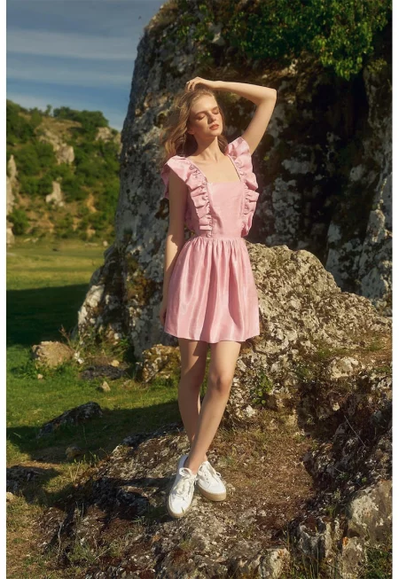 Раирана рокля с набирания - Прашно розово